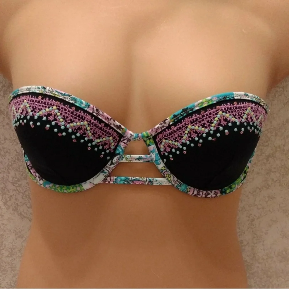 Victoria's Secret Bali Black and Multicolor Embroidered Bikini Top